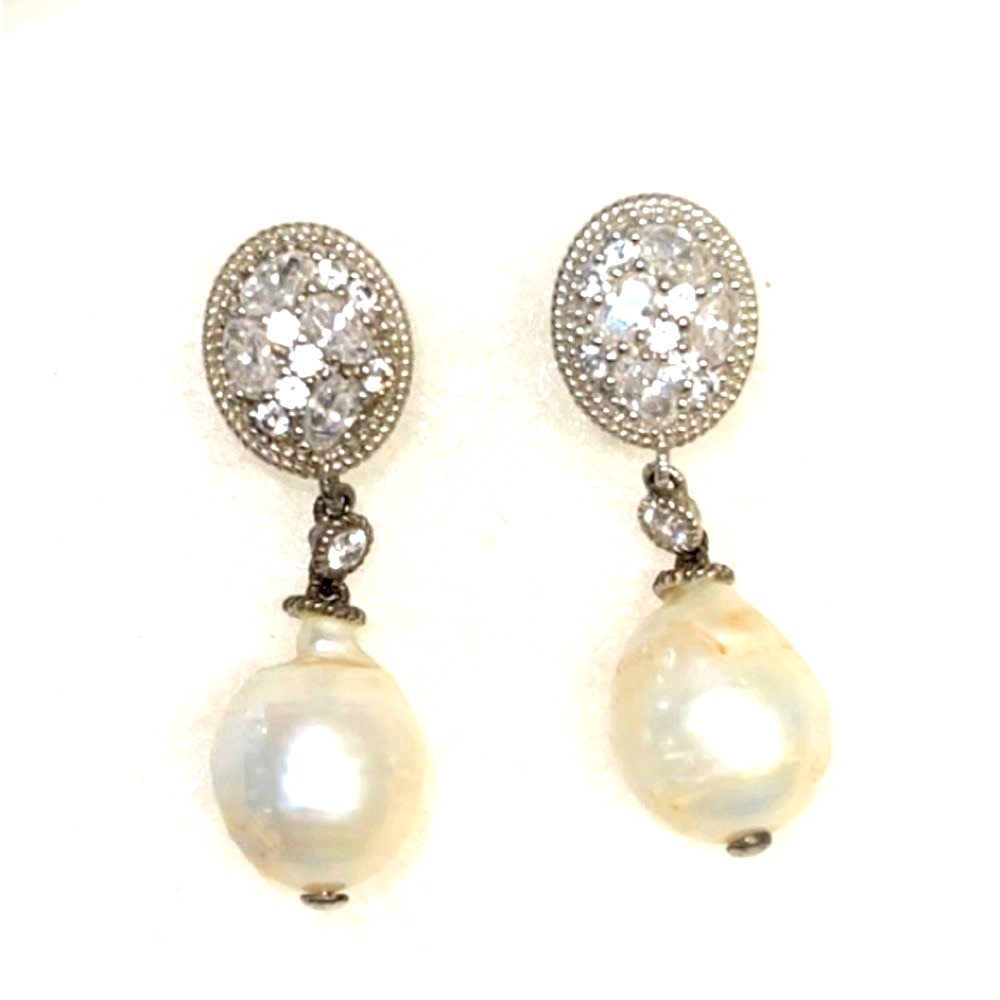 Judith Ripka Sterling Silver Real Pearl Drop Earrings 925 CZ